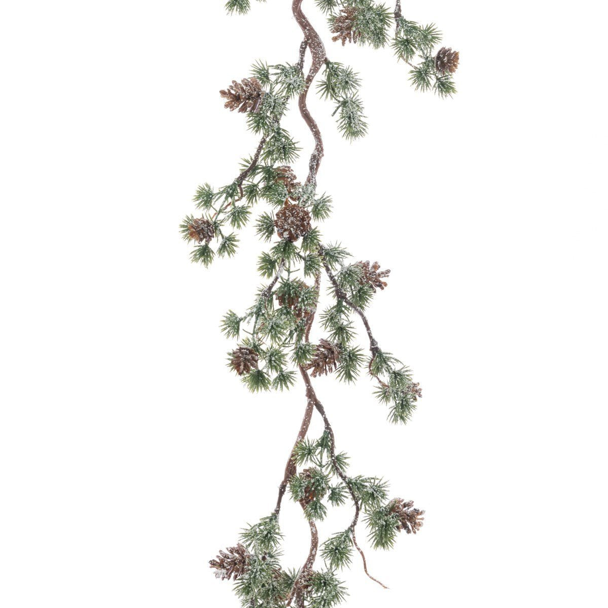 Snowy mini pine cone garland with realistic green needles and frost-dusted natural pine cones against a white background