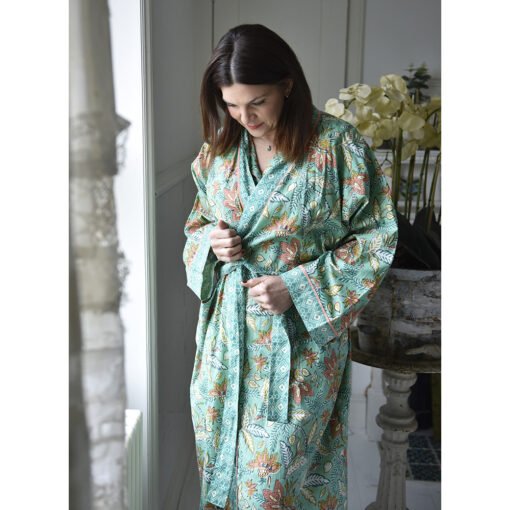 Turquoise, Pink & Olive Block Floral Print Dressing Gown