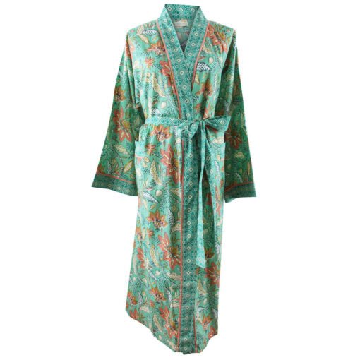 Turquoise, Pink & Olive Block Floral Print Dressing Gown