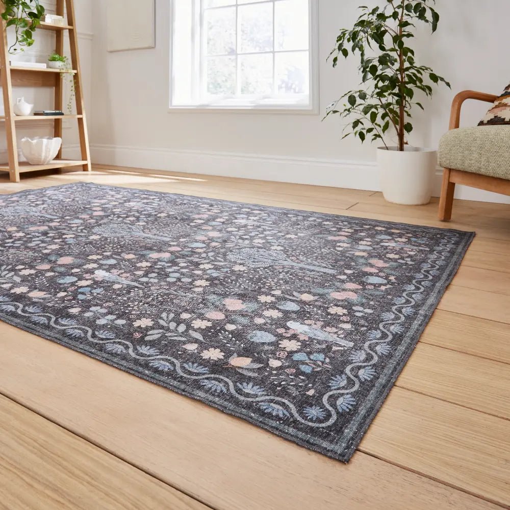 Versailles Washable Rug, Black/Blue 61 x 230cm runner,122 x 170cm,152 x 230cm,180 x 270cm
