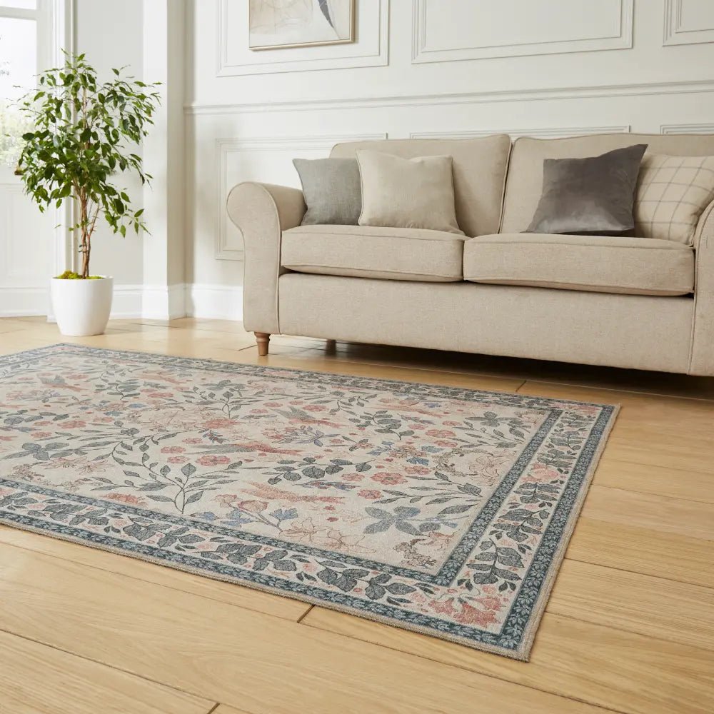Versailles Washable Rug, Neutral Beige/Blue 61 x 230cm runner,122 x 170cm,152 x 230cm,180 x 270cm
