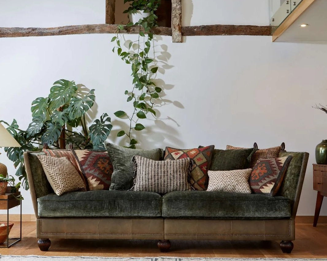 Warwick Grand Leather Sofa with Velvet Seat Cushions