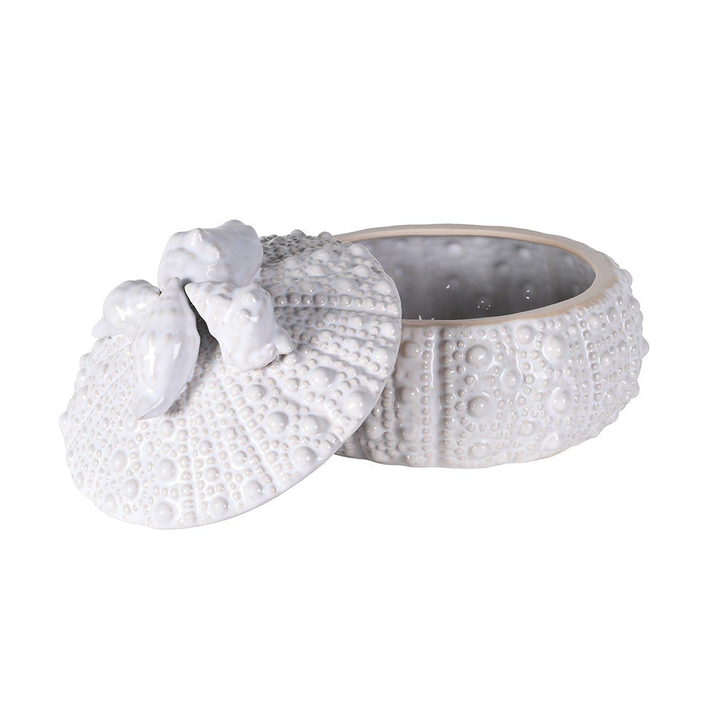 Open white urchin trinket pot showing the interior storage space and lidded top