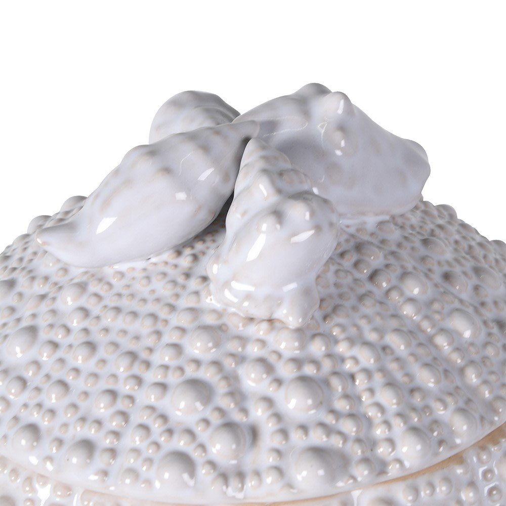 Close-up of the white urchin trinket pot lid featuring detailed shell-shaped handle and textured finish