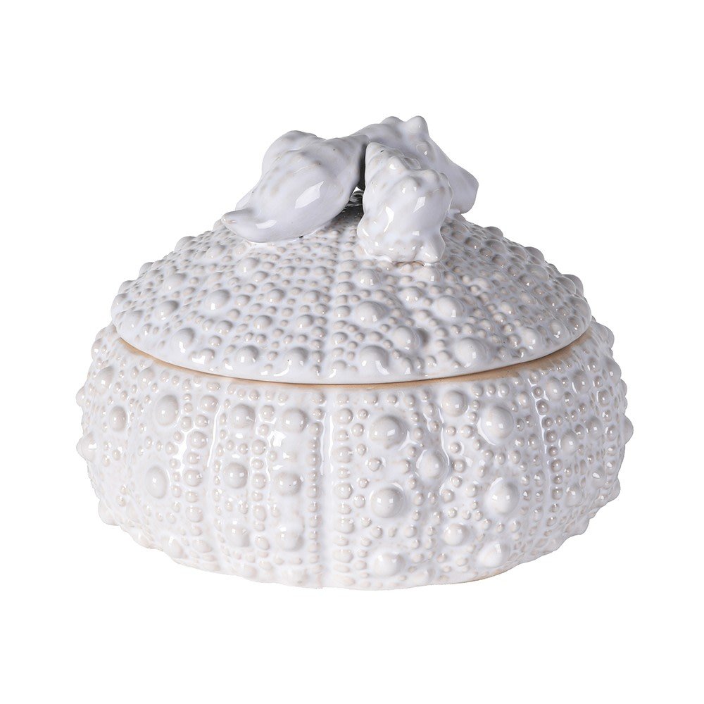 White ceramic urchin trinket pot with textured surface and decorative shell-handled lid