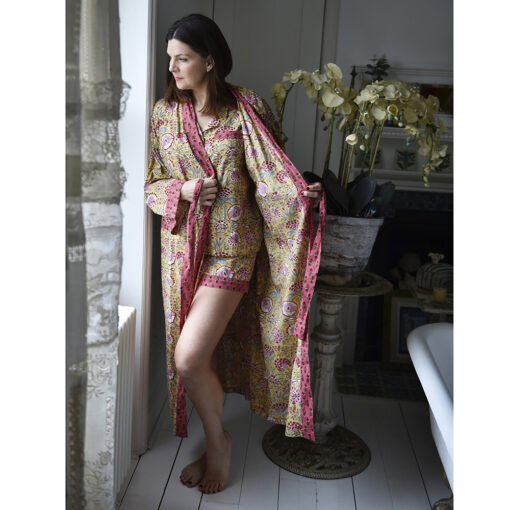 Yellow & Pink Carnation Print Dressing Gown