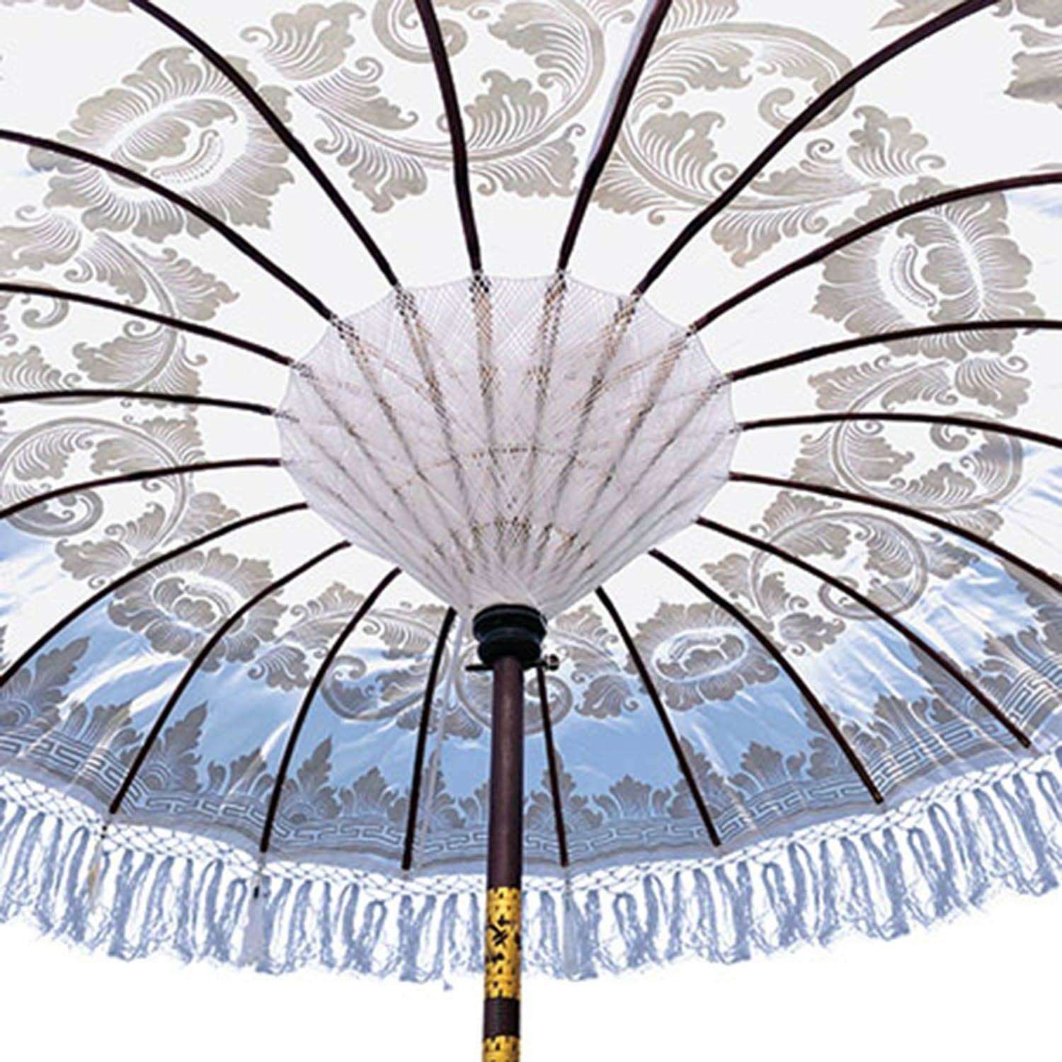 Interior view of the parasol ribs and hand-woven white string webbing supporting the printed fabric.