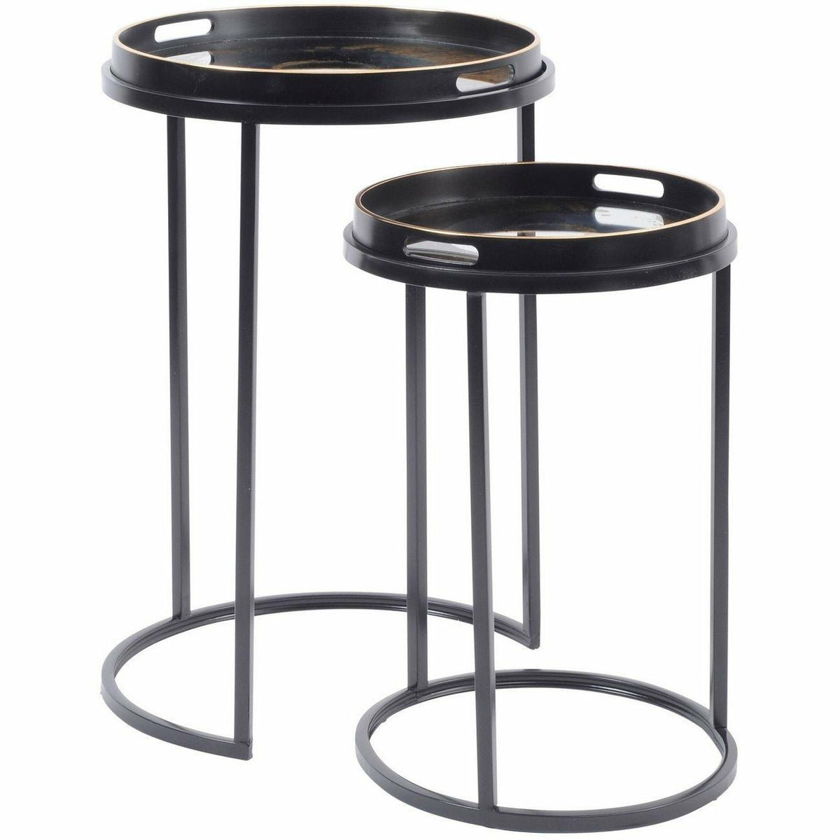 Two nesting side tables with black iron frames and tray tops showing gold swirl motifs