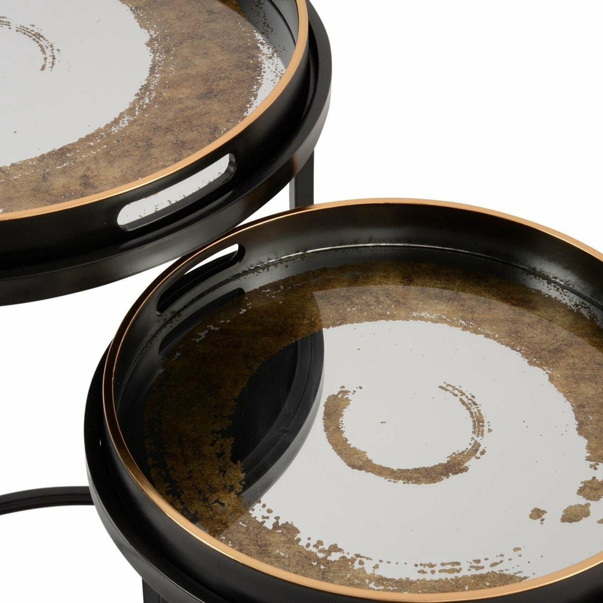 Close-up of the mirrored tray-style table tops featuring hand-painted gold swirl patterns