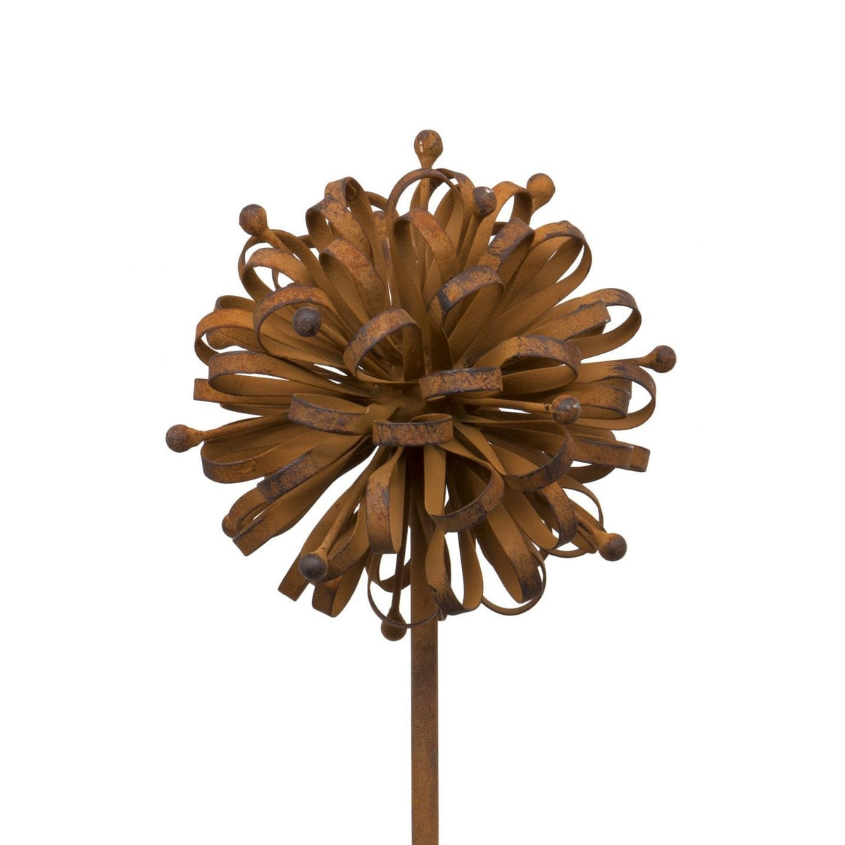 Close up of a large rusty metal dahlia sculpture showing intricate twirls and seed head details