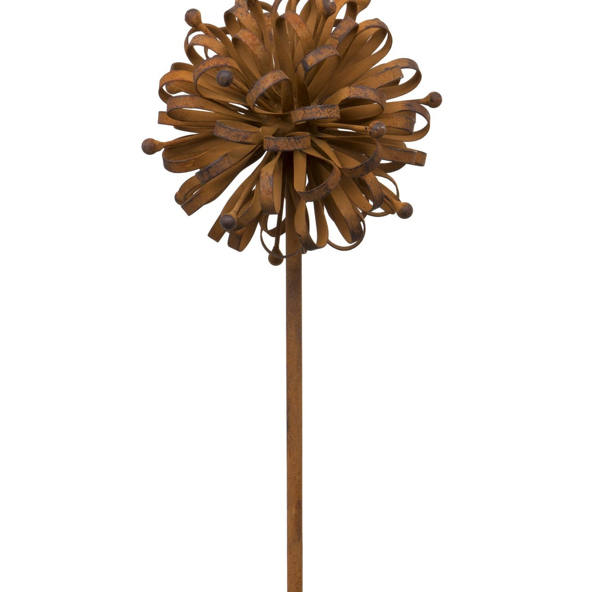 Full view of the large rusty dahlia garden sculpture on a tall metal stake against a white background