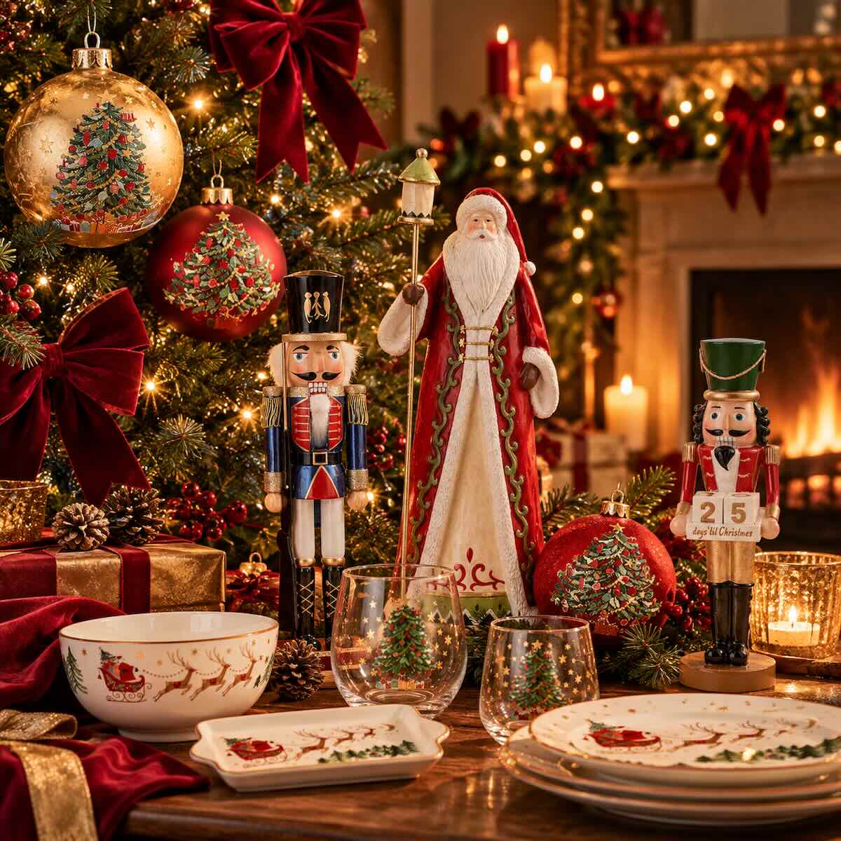 Traditional Christmas decorations with Father Christmas, nutcrackers and red and gold baubles