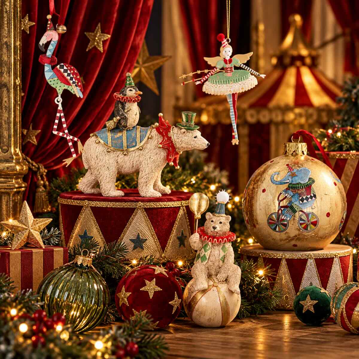 Colourful circus Christmas decorations including polar bears, ballerinas and festive ornaments