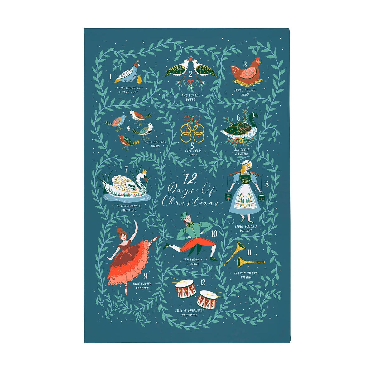 Full view of the 12 Days of Christmas tea towel showing all twelve illustrations on a navy background.
