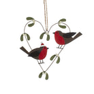 Hand-painted metal heart hanging decoration featuring two robins and mistletoe leaves with a rustic hanging string.