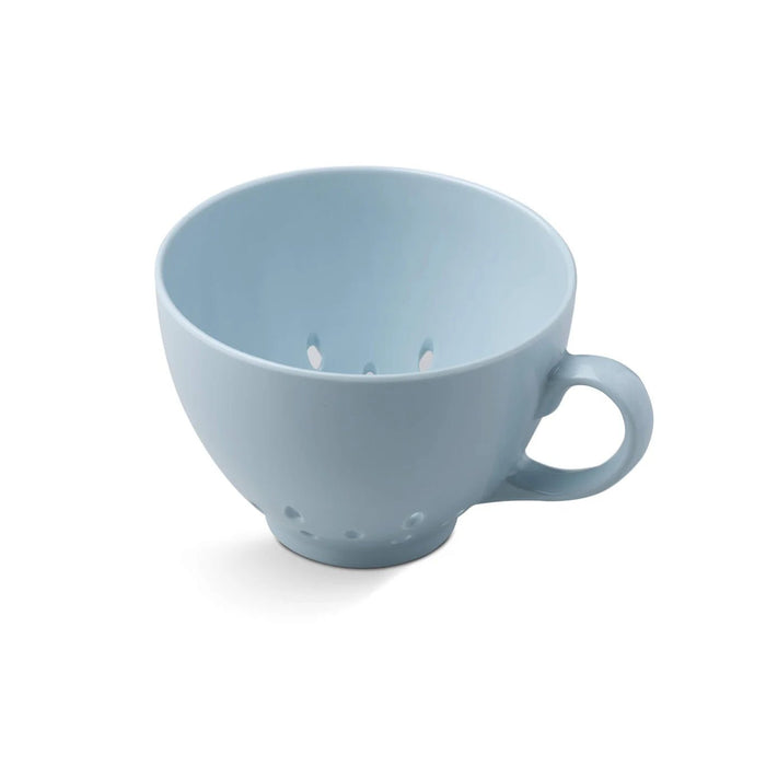 Pale blue melamine berry colander with handle and drainage holes