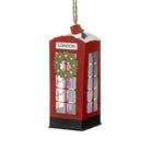Red metal telephone box hanging Christmas decoration featuring a festive green wreath, a robin, and a London sign.