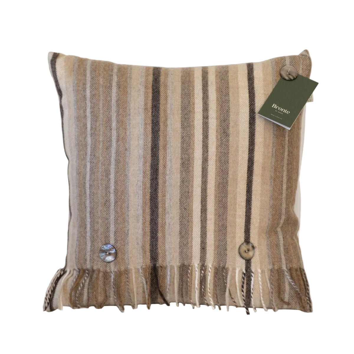 Square merino wool cushion with vertical neutral stripes, decorative buttons and a fringed bottom edge.