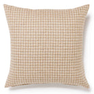 Square beige and cream check wool cushion by Bronte against a plain white background.