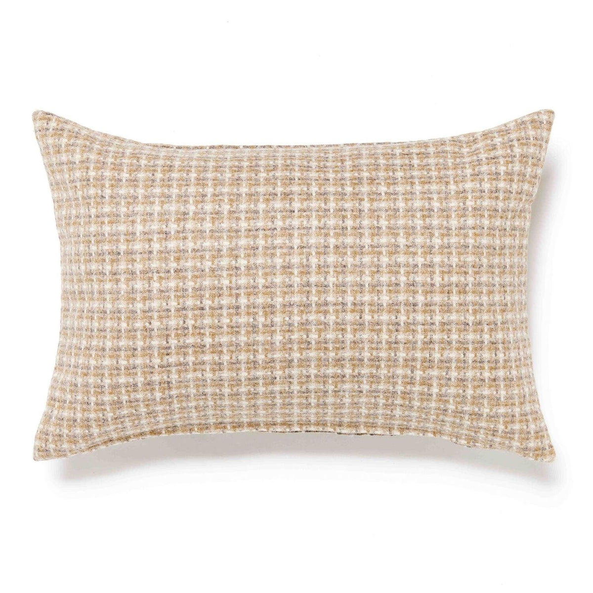 Rectangular Bronte cushion with a natural beige and cream wool check pattern against a white background.