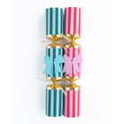 A pair of boutique crackers showing the red and pink and teal and blue colourways.