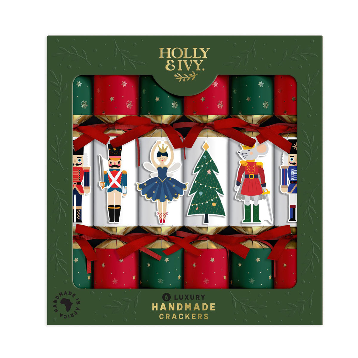 Boxed set of six Nutcracker Christmas crackers in red and green with gold star details.