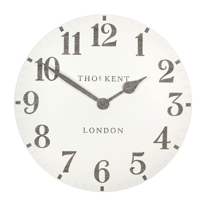 Front view of the 20-inch Thomas Kent Arabic wall clock with off-white face and grey limestone numerals.