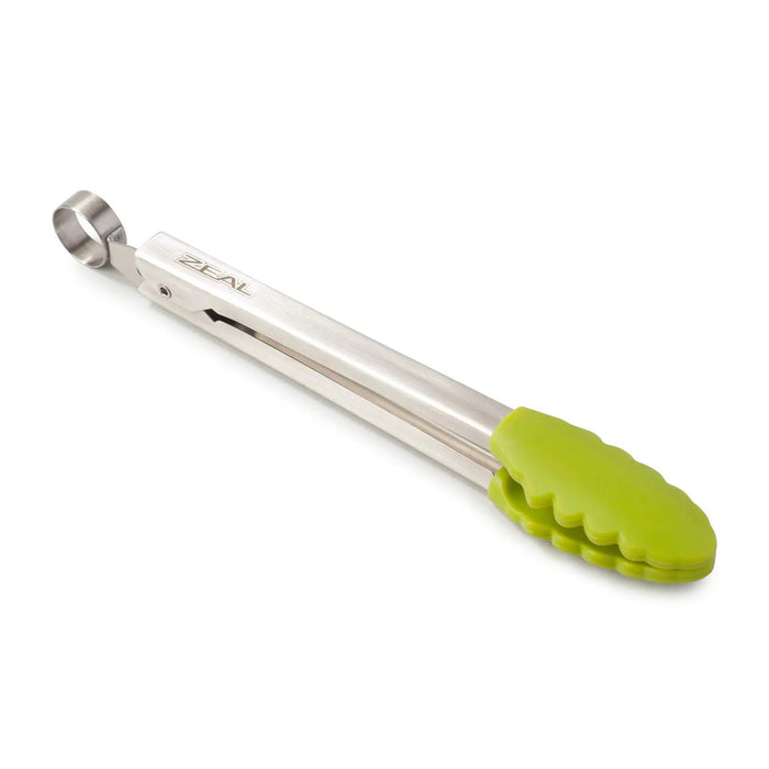 Stainless steel 20cm tongs with green scalloped silicone tips and locking ring