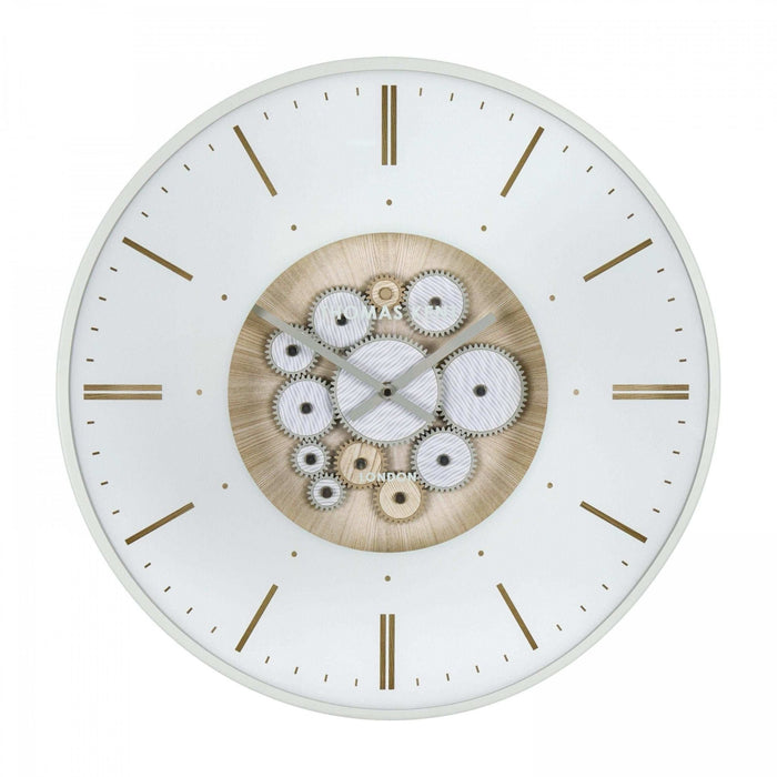 Front view of the 21-inch Clocksmith wall clock with ivory frame and moving cogs