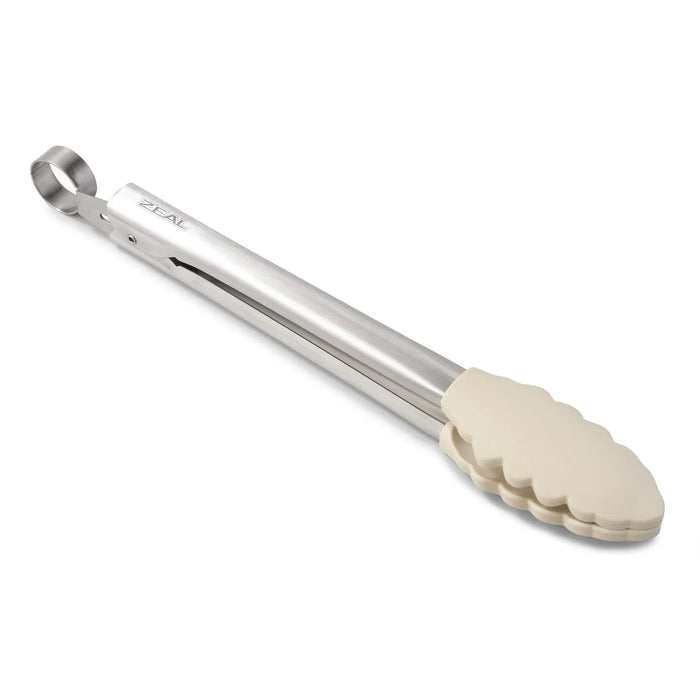 Stainless steel kitchen tongs with cream-coloured scalloped silicone tips