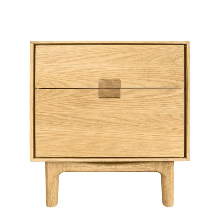 Front view of a light oak G Plan Larsen bedside table showing two drawers and square wooden handle.