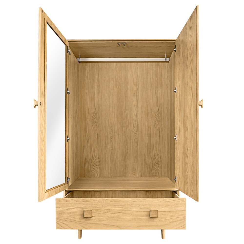 Interior view of the open wardrobe showing the hanging rail and door-mounted mirror