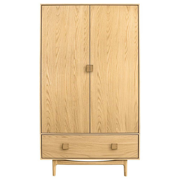Front view of the G Plan Larsen Oak Wardrobe showing natural wood grain and square handles