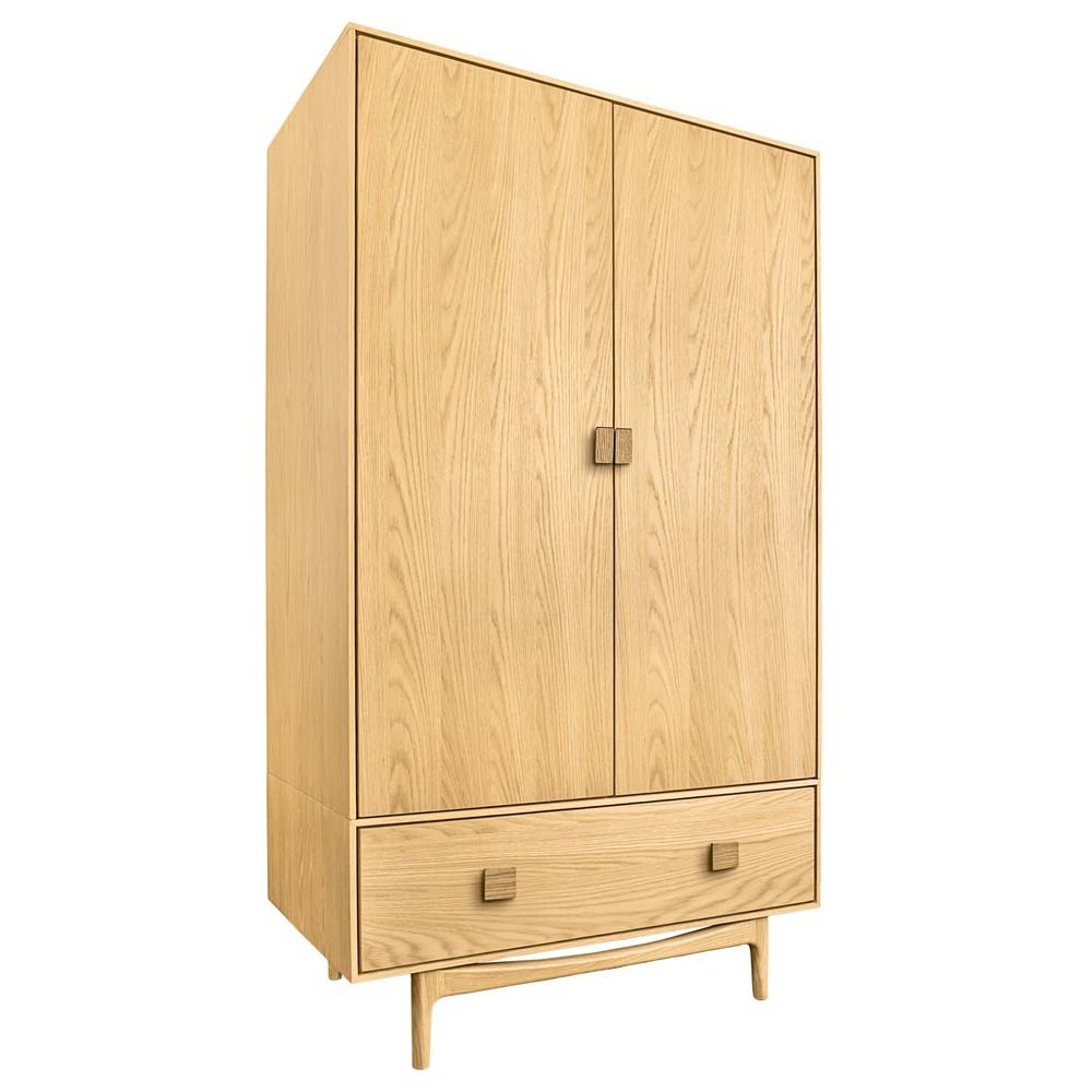 Angled view of the light oak wardrobe highlighting the slender legs and clean design