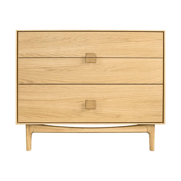 Front view of the G Plan Larsen 3 drawer chest in light oak with square wooden handles
