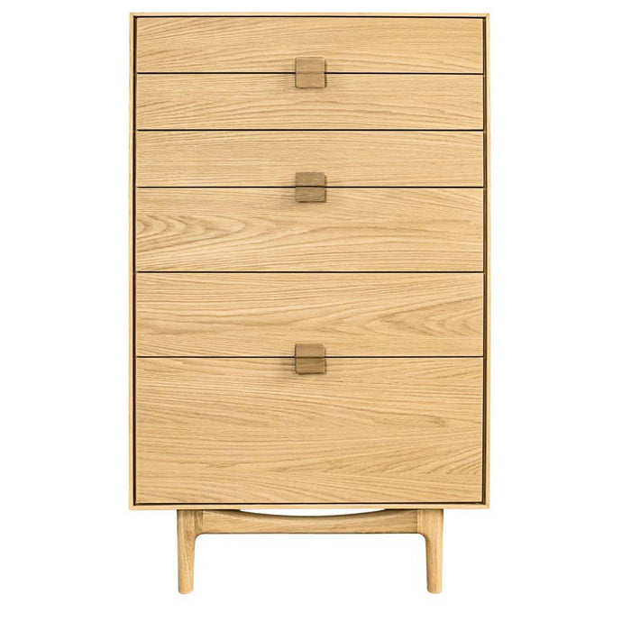Front view of the G Plan Larsen light oak 6 drawer tall chest showing wood grain and feature handles