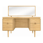 Front view of the G Plan Larsen oak dressing table with four drawers and a matching wide landscape mirror.