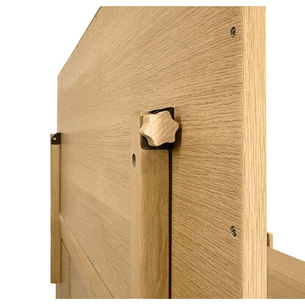 Close-up of the rear mounting hardware and star-shaped wooden adjustment knob for the dressing table mirror.