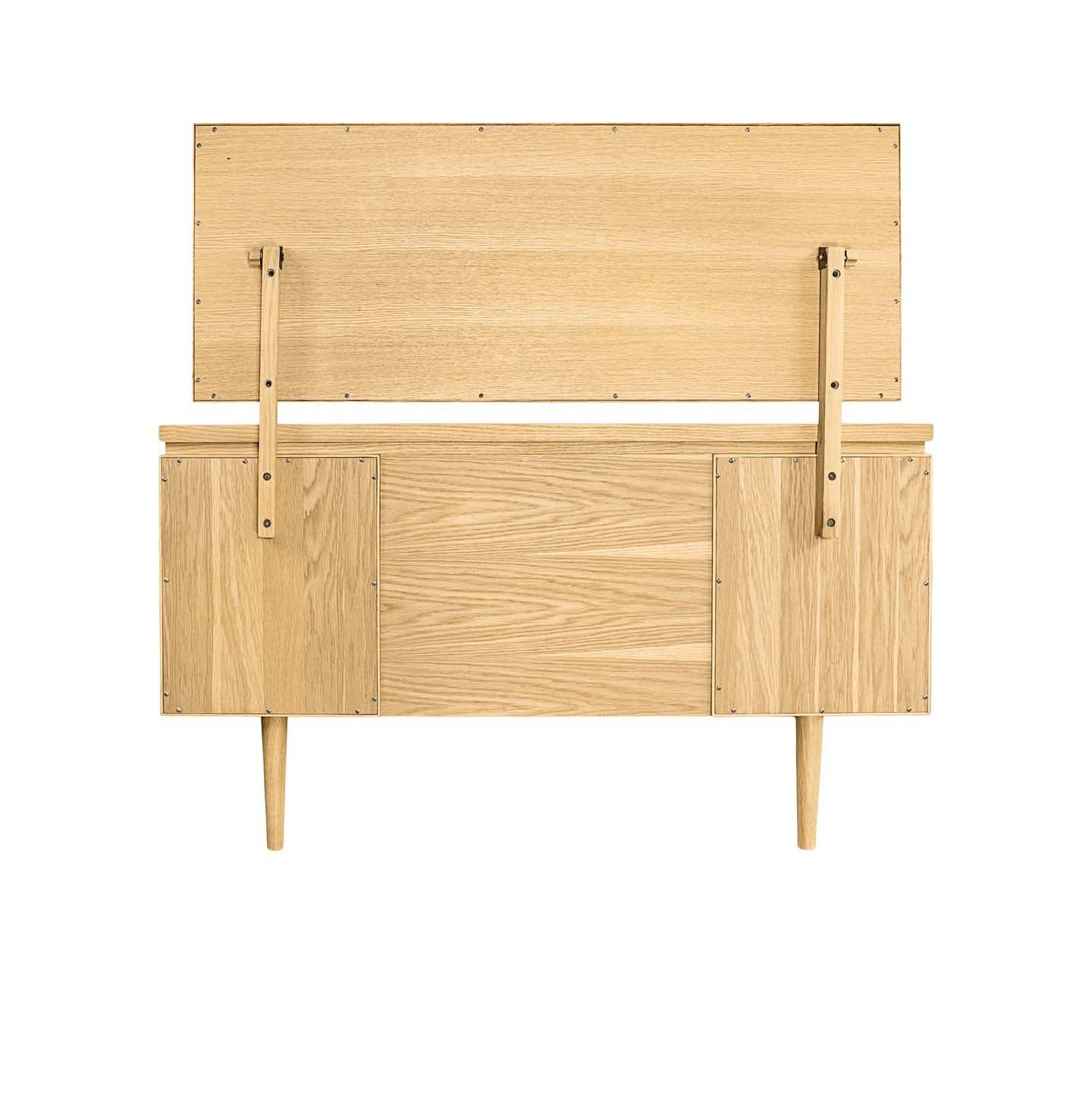 Full rear view of the Larsen oak dressing table and mounted mirror showing the support struts.