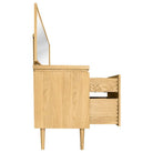 Side profile of the light oak dressing table with drawers partially open, highlighting the dovetail construction.