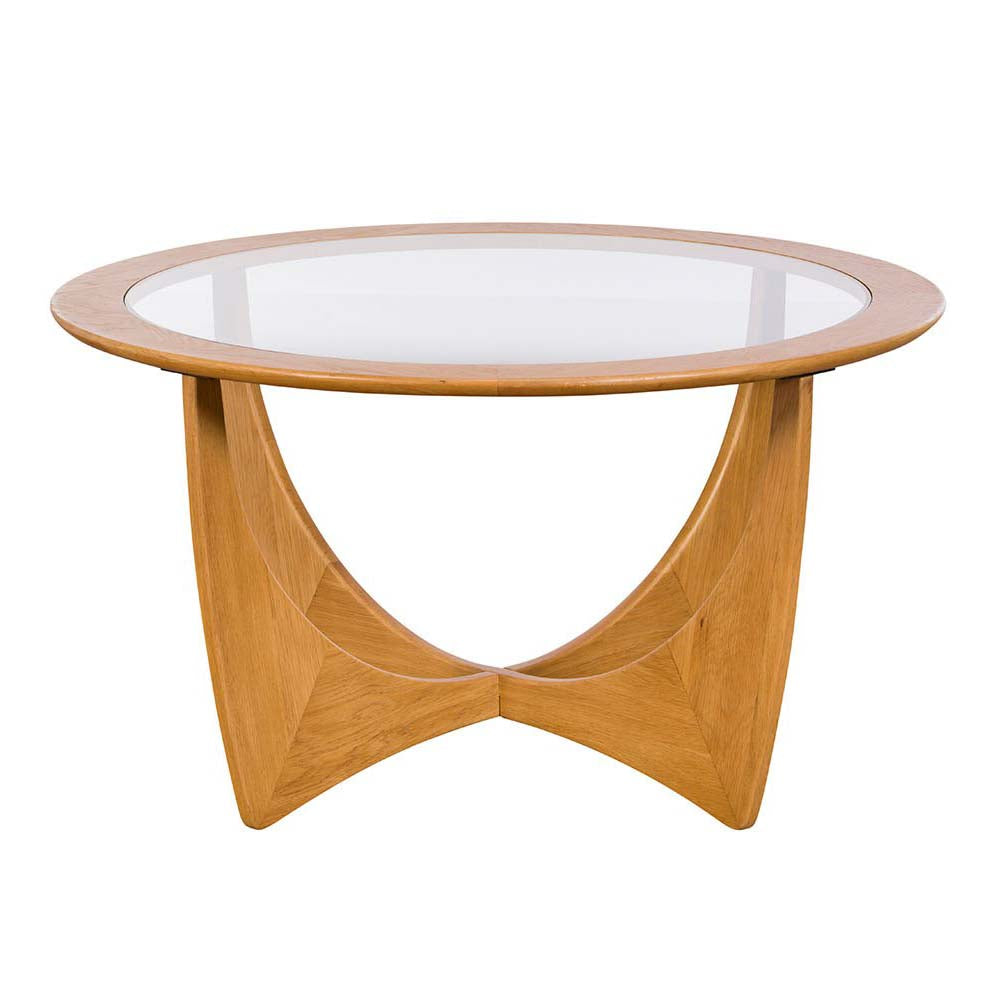 Front view of the G Plan Larsen oak coffee table highlighting the elegant curved wood frame