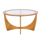 Side profile of the G Plan Larsen coffee table showing the fine oak grain and glass inlay
