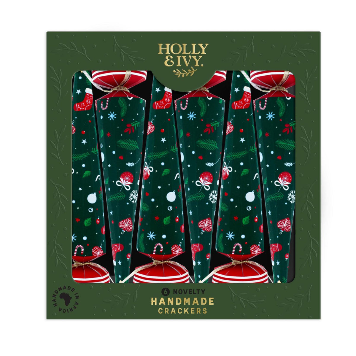 Boxed set of six standing Christmas tree crackers in a green festive package.
