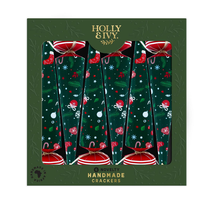 Boxed set of six standing Christmas tree crackers in a green festive package.