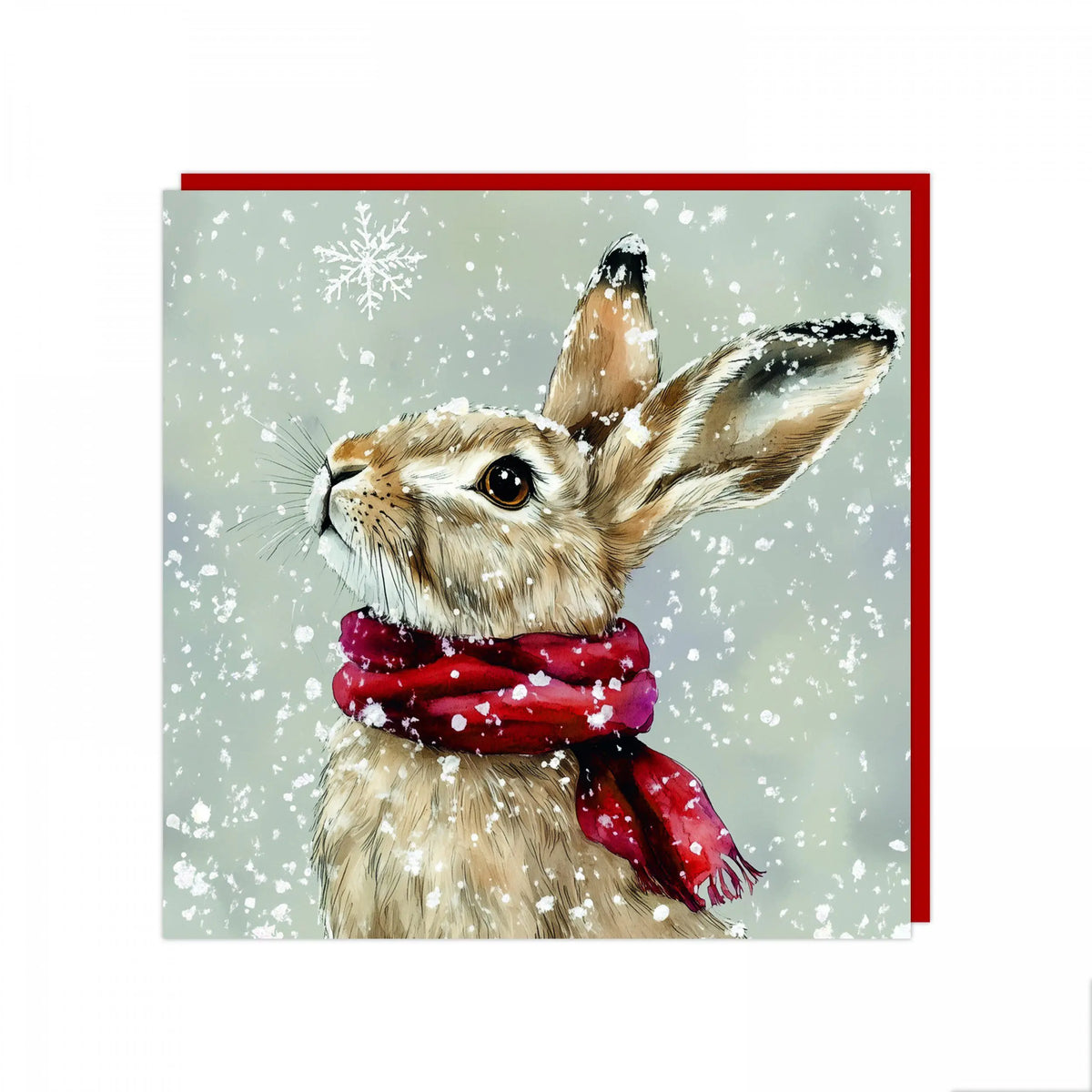 Illustrated Christmas card featuring a hare wearing a red scarf in falling snow with a deep red envelope.