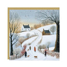 Christmas Eve charity card featuring a snowy landscape with figures, dogs, and cottages in a soft painted style.
