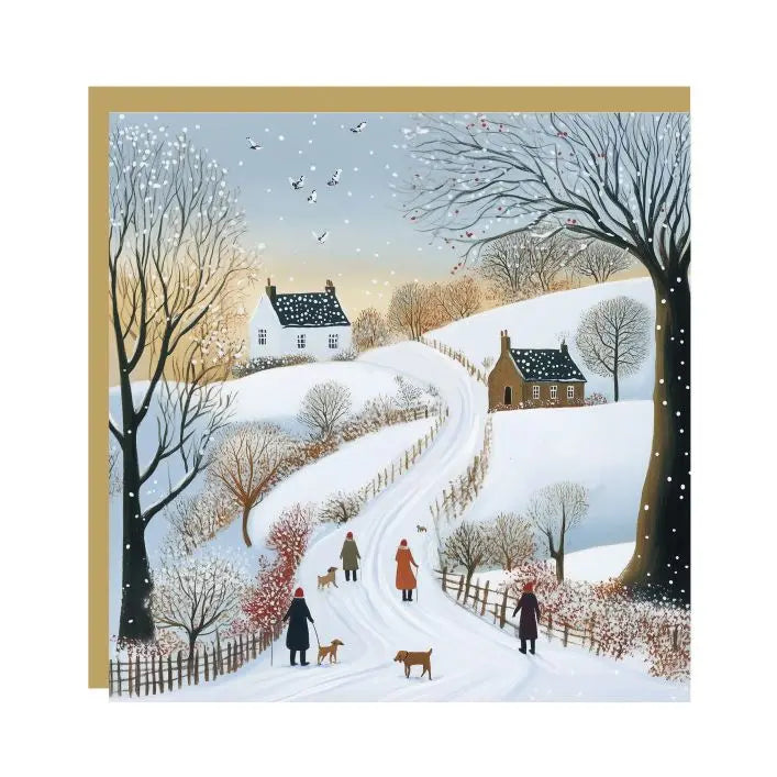 Christmas Eve charity card featuring a snowy landscape with figures, dogs, and cottages in a soft painted style.