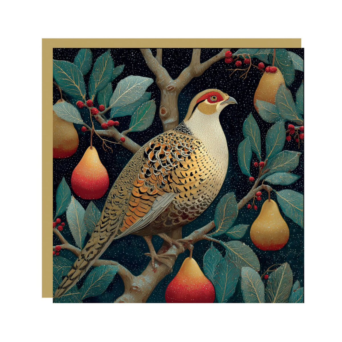 Illustrated Christmas card featuring a partridge perched in a pear tree with red berries against a dark starry sky.