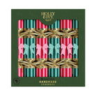 Boxed set of six Boutique Christmas crackers with red and teal stripes and gold ties.