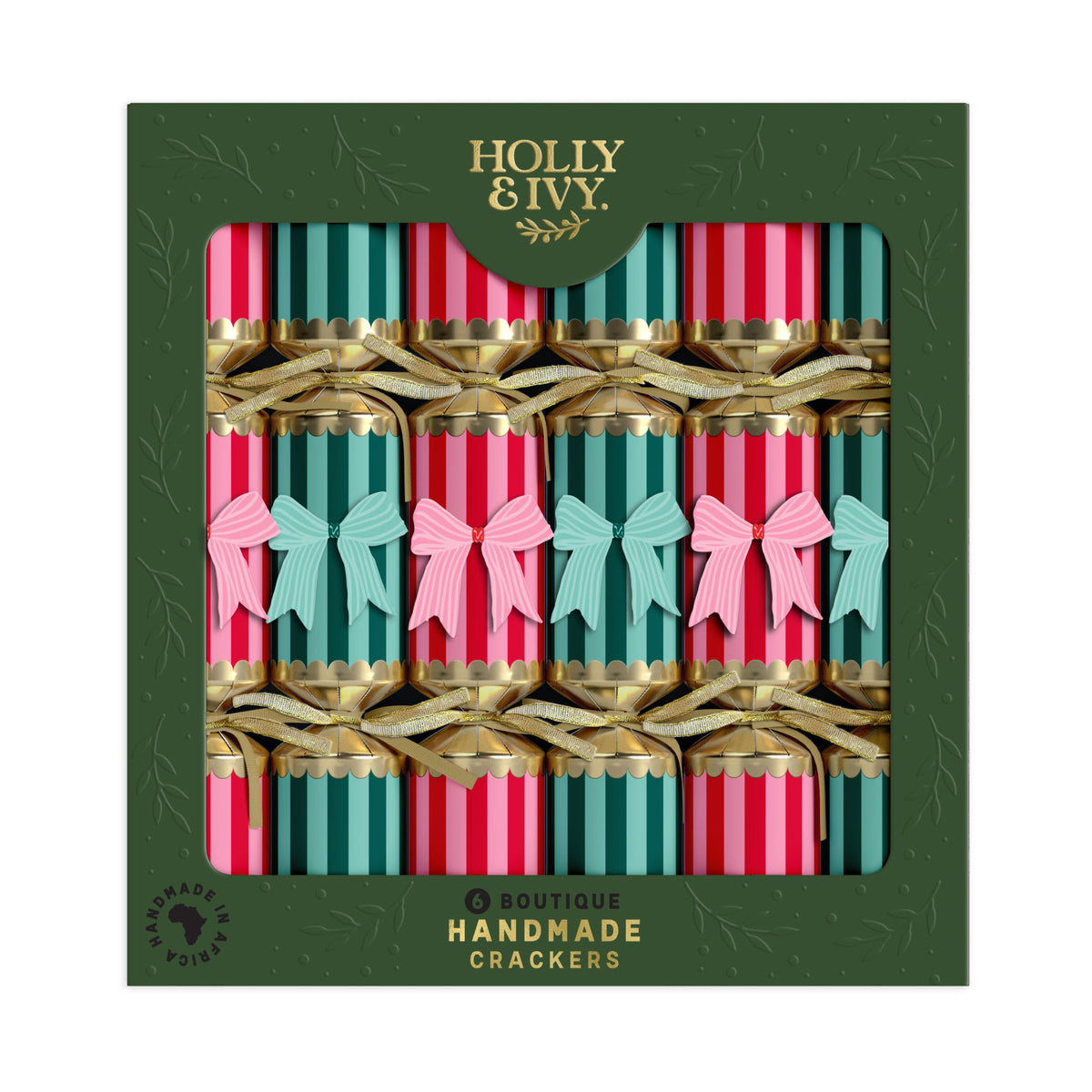 Boxed set of six Boutique Christmas crackers with red and teal stripes and gold ties.